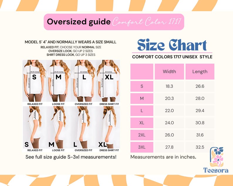 Puede incluir: Una gu&iacute;a de tallas para camisetas unisex Comfort Colors 1717 con una tabla que muestra medidas de ancho y largo en pulgadas. El gr&aacute;fico muestra varios ejemplos de ajuste desde la talla S a la XL, incluyendo estilos holgados y largos.