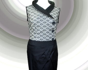 Cocktel dresses lace fabric blouse with black skirt, Louvré. Size 40/42