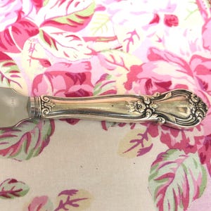 May include: A silver butter knife with a decorative handle, resting on a floral patterned fabric. The knife has a wide, curved blade and an ornate handle with floral detailing. The fabric background features pink roses and green leaves.