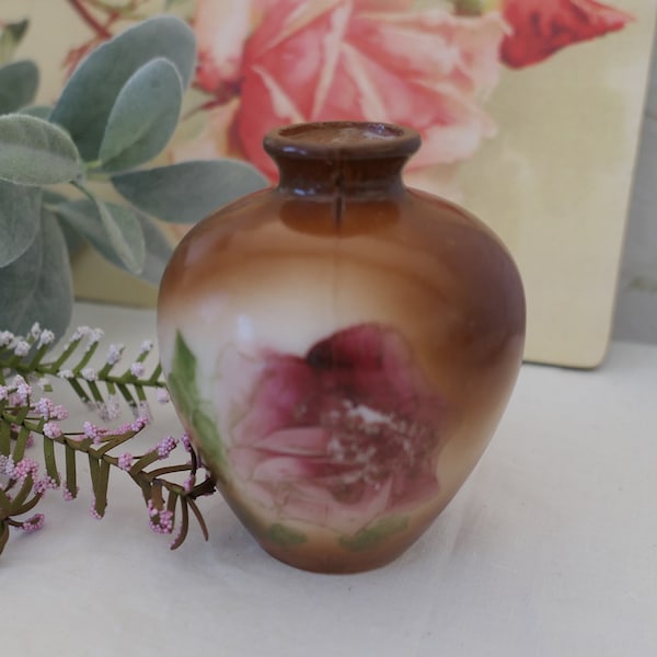 Sweet Petite Antique Milk Glass VASE~Hand Painted ROSE and Leaves! Cute 4.5" Shape, Practical & Gorgeous Glass Display! Free Shipping!