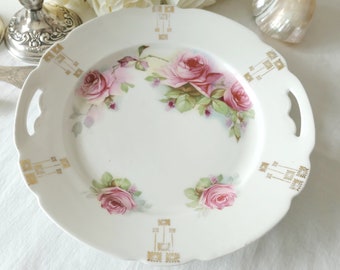 Antique RoSeS PLATE/Tray! Vintage Bavaria Porcelain Dessert China CAKE/Cookies Handled Serving Dish~9.5"~1910-23~Deco Art~ChiC Decor!