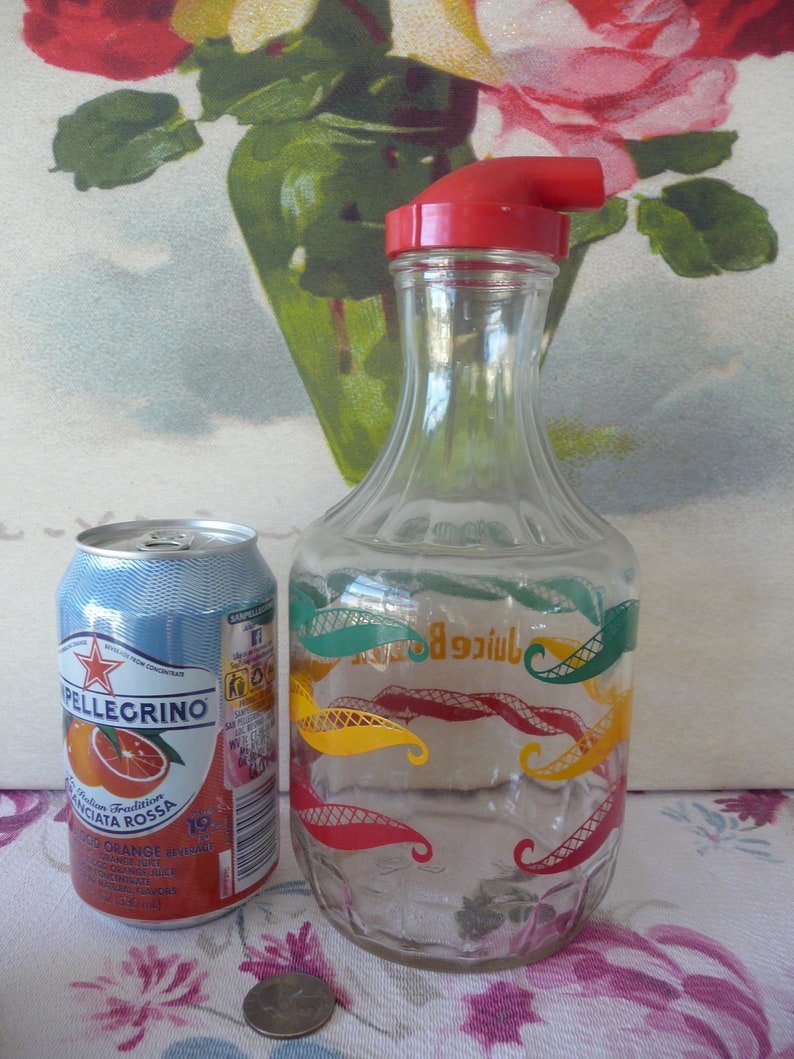 Vintage Glass JUICE Bottle Dispenser Carafeduraglas Retro Red Green