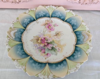 Antike Blumen / Cabbage Roses TELLER / TABLETT! 28 cm Vintage Kuchenteller~Porzellan Kuchen Servierplatte~Keks-Servierplatte~Kekse~Blau-Gold!