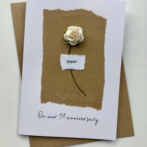 1st Anniversary Keepsake PAPER Card. Brown Parcel paper with a Single White paper Rose. Wife Husband Partner Fiancé first Anniversary Gift
