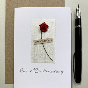 12th Anniversary Keepsake SILK Card Pure Raw Silk Fabric & Single Red Rose  Wife Husband Twelve Years Anniversary Gift Size A6:15x10.5cm