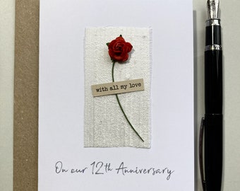 12th Anniversary Keepsake SILK Card Pure Raw Silk Fabric & Single Red Rose  Wife Husband Twelve Years Anniversary Gift Size A6:15x10.5cm