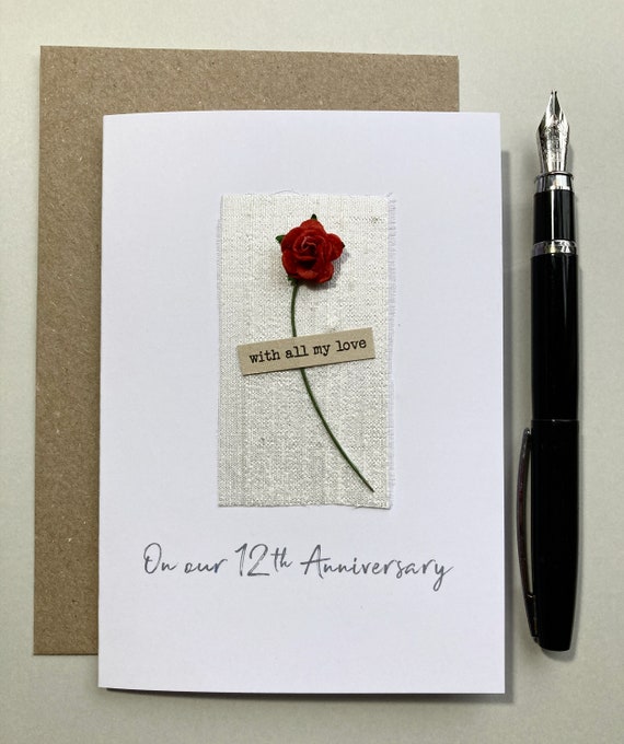 12th Anniversary Keepsake SILK Card Pure Raw Silk Fabric & Single Red Rose  Wife Husband Twelve Years Anniversary Gift Size A6:15x10.5cm