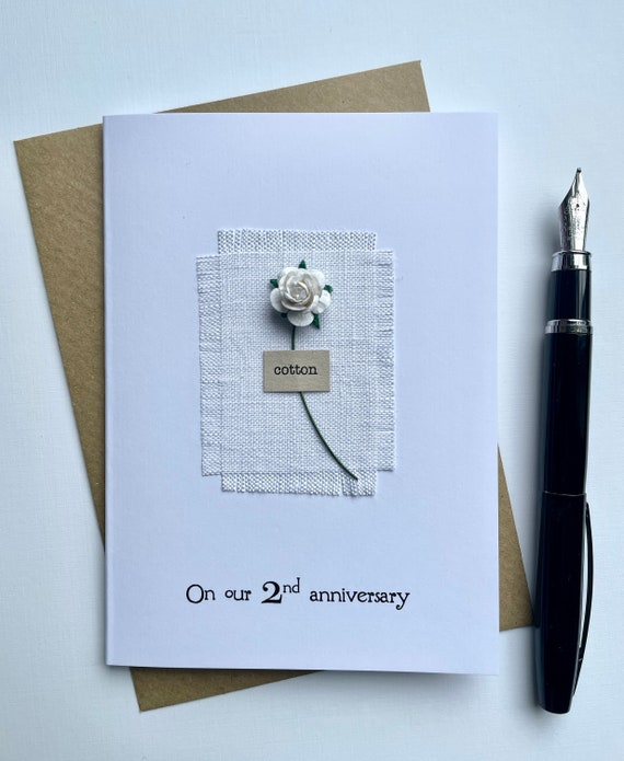 2nd Anniversary COTTON Card. Real Cotton Fabric with a Single Red Rose. Wife Husband son daughter Second Gift Size A6: 15x10.5cm