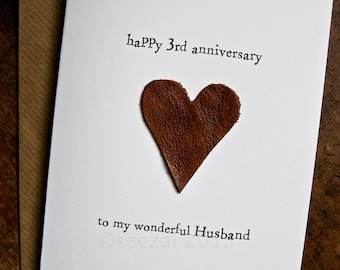 3rd Wedding Anniversary Card HUSBAND Size A6: 15x10.5cm Traditional gift LEATHER Handmade Keepsake 3 Years Beige Brown Leather Hubby Fiancé