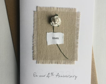 4th Anniversary Keepsake Card LINEN Natural Linen Fabric Single Red White Rose 4 Years Anniversary Wife Husband Minimalist Size A6:15x10.5cm