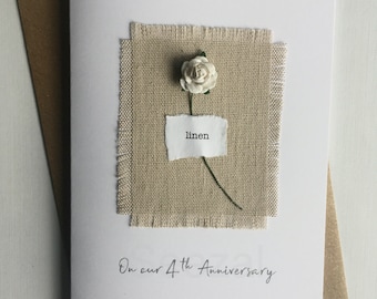 4th LINEN Anniversary Keepsake Card Natural Fabric Single Red White Rose 4 Four Years Anniversary Wife Husband Minimalist Size A6:15x10.5cm