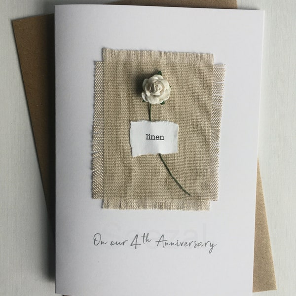 4th LINEN Anniversary Keepsake Card Natural Fabric Single Red White Rose 4 Four Years Anniversary Wife Husband SIZE: A6 15x10.5cm