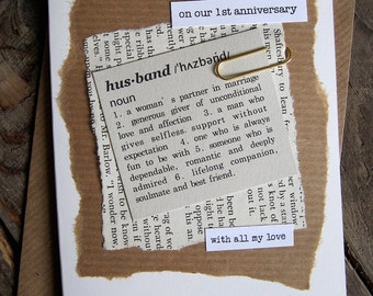 1st Anniversary Wedding Day Card Husband Wife. Paper. Dictionary style Definition Vintage Book Up-cycled paper. Soulmate Size: 15x10.5cm