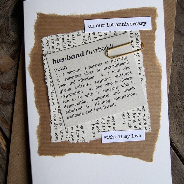 1st Anniversary Wedding Day Card Husband Wife. Paper. Dictionary style Definition Vintage Book Up-cycled paper. Soulmate Size: 15x10.5cm