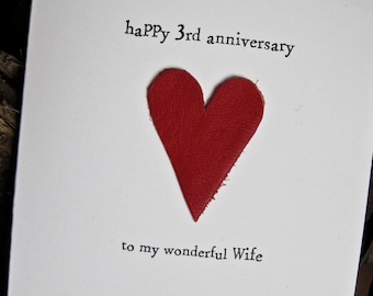 3rd Wedding Anniversary Card LEATHER Traditional Gift Handmade Keepsake Wife Husband Three Years Red Leather Size A6