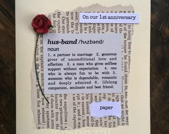 1st Anniversary Card Wife Definition First Wedding Anniversary Gift PAPER Vintage book page & Paper Rose. Size A6: 15x10.5cm