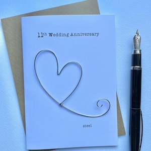 11th Wedding Anniversary Keepsake Card STEEL Wire Heart 11 Years Traditional Gift. Husband Wife Size A6: 15x10.5cm