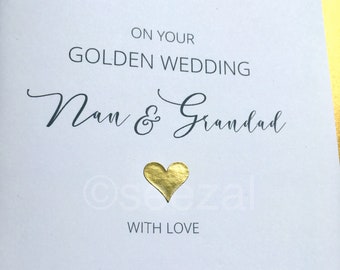 GOLDEN Wedding Anniversary Card. Can be Personalised - Mum Dad Nan Grandad Nanny Nana Pops Nonna Nonno Gold 50 Years Mom Mam  Size:15x10.5cm