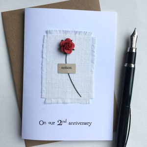 2nd Anniversary Keepsake COTTON Card. Cotton Fabric with a Single Red Rose. Wife Husband Second Anniversary Gift Size A6: 15x10.5cm