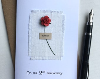 2nd Anniversary Keepsake COTTON Card. Cotton Fabric with a Single Red Rose. Wife Husband Second Anniversary Gift Size A6: 15x10.5cm