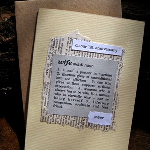 1er anniversaire carte épouse mari papier. Définition de style dictionnaire sur la page du livre vintage. Anniversaire premier anniversaire âme sœur petite amie