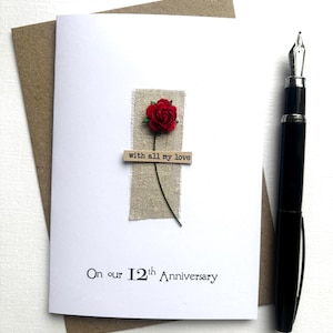 12th Anniversary Keepsake SILK Card Pure Raw Silk Fabric & Single Red Rose  Wife Husband Twelve Years Anniversary Gift Size A6:15x10.5cm