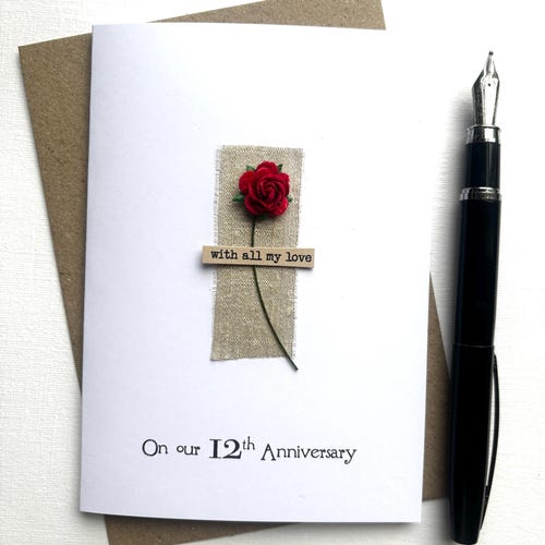 12th Anniversary Keepsake SILK Card Pure Raw Silk Fabric & Single Red Rose  Wife Husband Twelve Years Anniversary Gift Size A6:15x10.5cm