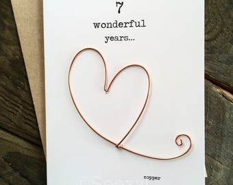 7th Anniversary Keepsake Gift Card COPPER Wire Heart Minimalist 7 Wonderful Years itch Traditional Wedding Husband Wife  Size A6: 15x10.5cm