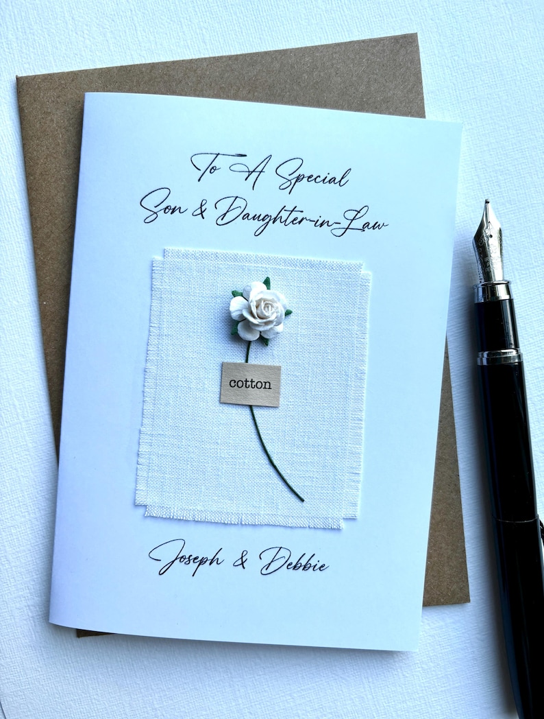 2nd Anniversary COTTON Card. Real Cotton Fabric with a Single Red Rose. Wife Husband son daughter Second Gift Size A6: 15x10.5cm image 11
