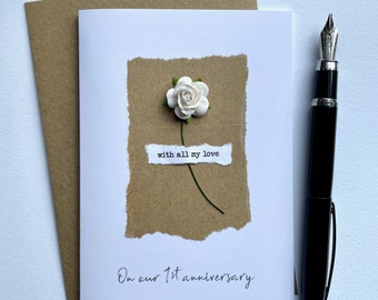 1st Anniversary PAPER Card with Single White paper Rose Wife Husband Partner Fiancé first Anniversary Gift SIZE: 15cm x 10.5cm (A6)