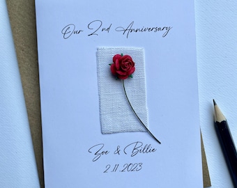 2nd second Anniversary Keepsake COTTON Card. Cotton Fabric with a Single Red Rose. Wife Husband Second Anniversary Gift Size A6: 15x10.5cm