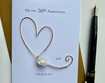 50th GOLDEN Wedding Anniversary Card PERSONALISED Real Gold Plated Wire Heart 50 Golden Gift 1972 Husband Wife Mum Dad Size A6: 15x10.5cm