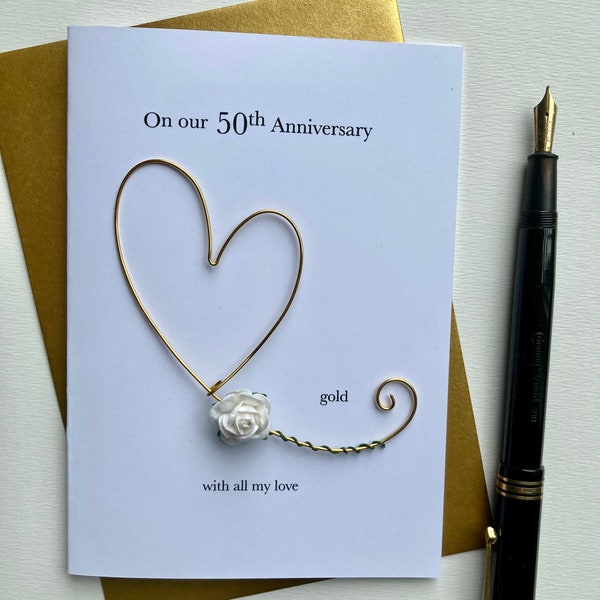 50th GOLDEN Wedding Anniversary Card PERSONALISED Real Gold Plated Wire Heart 50 Golden Gift 1972 Husband Wife Mum Dad Size A6: 15x10.5cm