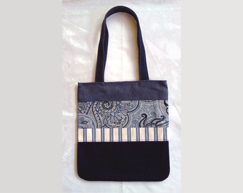 Denim Linen Fabric Handbag, Patchwork Tote Bag with Striped Ticking, Blue Patchwork Tote, Handmade Handbag, Blue Denim Purse