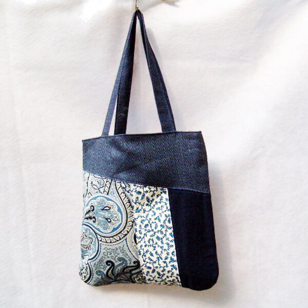 Denim Silk Patchwork Fabric Bag with Blue Paisley Cotton and Linen, Denim Linen Patchwork Purse, Handmade Handbag, Womens Tote Bag