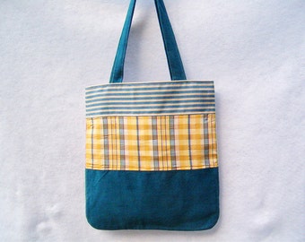 Teal Patchwork Tote Bag with Gold Plaid Tapestry Tote, Patchwork Purse, Fabric Handbag, Fabric Tote Bag, Patchwork Tote Bag
