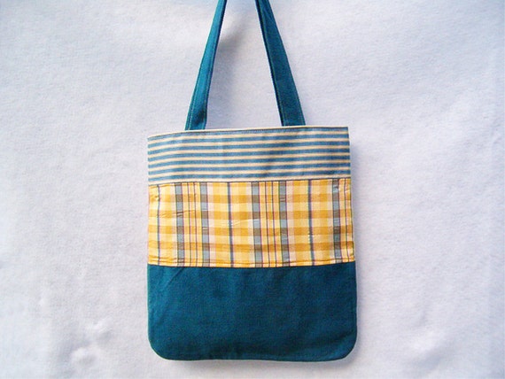 Teal Patchwork Tote Bag with Gold Plaid Tapestry Tote, Patchwork Purse, Fabric Handbag, Fabric Tote Bag, Patchwork Tote Bag