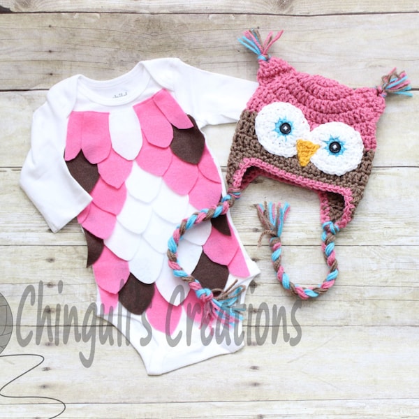 Baby Owl Costume Crochet Owl Hat Baby Owl Bodysuit Pink Brown Owl hat and Bodysuit set White Brown Pink Owl Hat and bodysuit costume