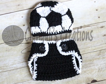 Soccer Boy's Crochet Beanie Hat Crochet Soccer Hat and Diaper Cover Set Sport Hat Baby Boy Baby Girl Soccer Hat
