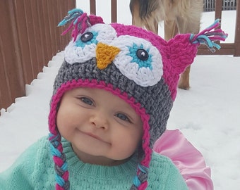 Crochet Owl Hat Baby Hot Pink Gray Owl Beanie Girls Owl Hot - Etsy