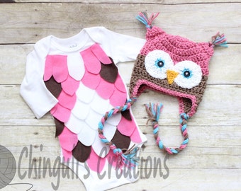 Baby Owl Costume Crochet Owl Hat Baby Owl Bodysuit Pink Brown Owl hat and Bodysuit set White Brown Pink Owl Hat and bodysuit costume