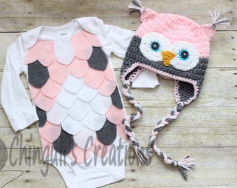 Baby Owl Costume Crochet Owl Hat Baby Owl Bodysuit Pink Gray Owl hat and Bodysuit set White Gray Pink Owl Hat and bodysuit costume