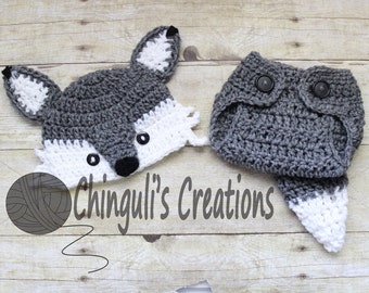 Crochet Wolf Outfit Baby Girl Baby Boy Wolf Hat and Diaper Cover newborn Wolf Outfit Wolf Set WolfPhoto Prop
