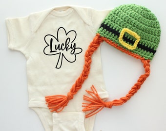 Saint Patrick's Day Baby Outfit Baby Leprechaun Girl Hat and Saint Patricks Bodysuit Lucky Shamrock Bodysuit