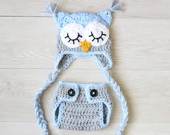 Baby Owl Outfit Crochet Sleepy Owl Baby Hat and Matching  Diaper Cover Set Crochet Owl Hat Newborn Owl Outfit Crochet Owl Outfit