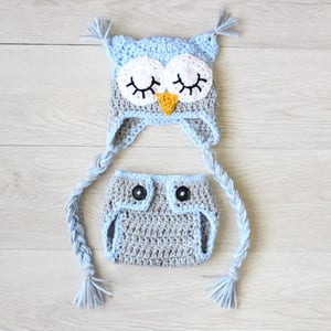 Baby Owl Outfit Crochet Sleepy Owl Baby Hat and Matching Diaper Cover Set Crochet Owl Hat Newborn Owl Outfit Crochet Owl Outfit image 1