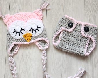 Baby Owl Outfit / Crochet Sleepy Owl Hat and Matching  Diaper Cover Set/ Pink and Gray Owl Baby Set / Newborn Photo Props