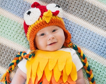 Baby Rooster Halloween Costume Baby Rooster Bodysuit and Crochet Rooster Hat Colorful Baby Rooster Costume Baby Chicken Costume