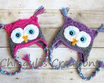 TWINS Crochet Owl Hat, Baby Hot Pink Gray Owl Beanie Girls Owl Purple Gray Turquoise Owl Hat Baby Owl Beanie Photo Props