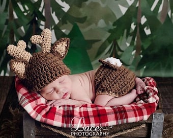 Baby Deer Hat with Diaper Cover Crochet Deer hat and Diaper Cover  Baby Animal outfit Dark Brown Deer Outfit